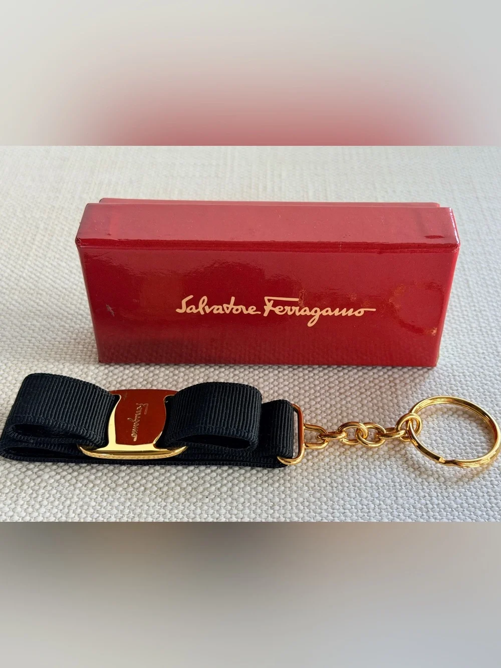 SALVATORE FERRAGAMO Vara Bow Black Gold Keychain Bag Charm w/ Box